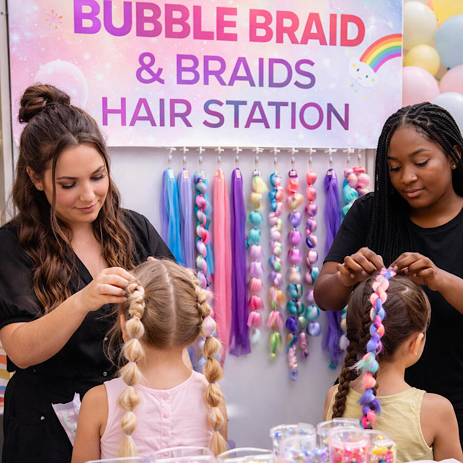 Bubble Braids & Hair Station - A fun and stylish braiding experience where kids choose colorful extensions, bubble braids, and trendy styles. Creative, vibrant, and the perfect glam touch for any party.